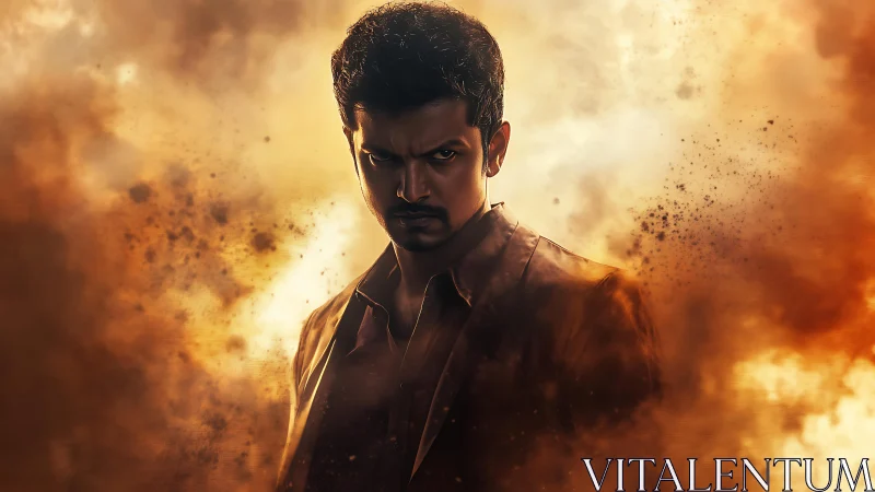 Intense male portrait emerging through cinematic fiery haze.