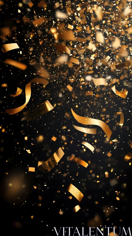 Golden metallic confetti cascades dynamically on dark background