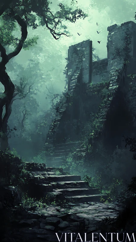 Overgrown stone stairway ascending toward ruined structure.