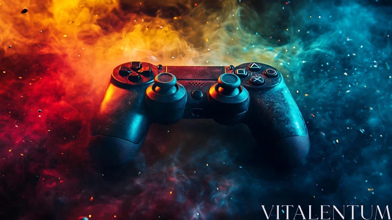 Game controller on vibrant smoke in red and blue light.