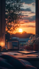 Desk by window with sunset sky and scattered work items.