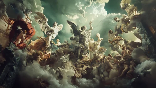 Baroque angels and swirling clouds in a dramatic sky tableau.
