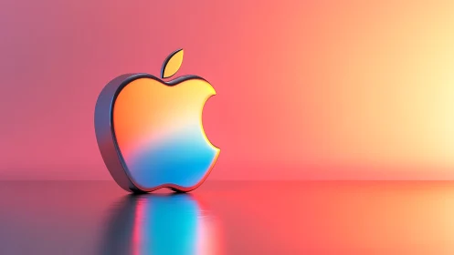 3D metallic apple silhouette glows in warm gradient light.