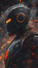 Battle-scarred molten mech rises through swirling embers and ash