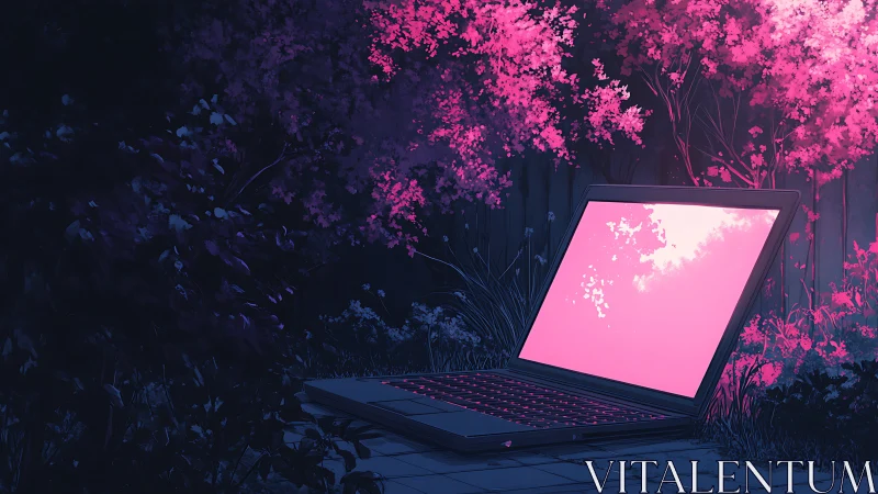 Digital painting of neon laptop under luminous blossom canopy.
