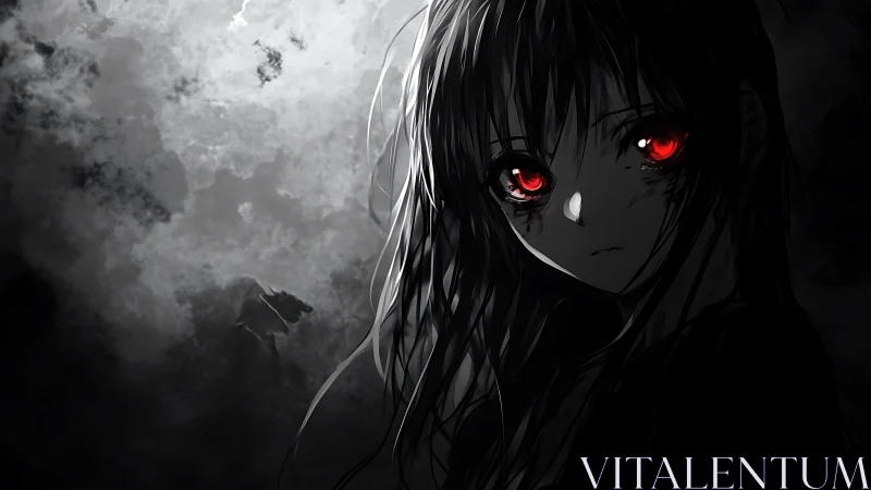 Haunting red eyes glow softly in a stormy monochrome night