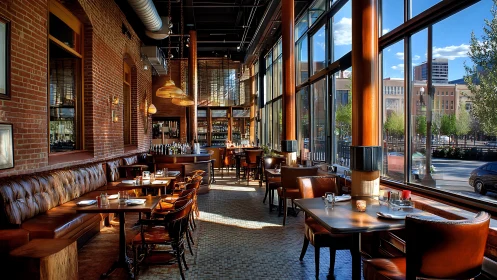 Sunlit brick-walled restaurant interior with large street windows