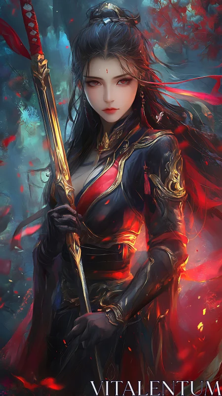 Warrior woman holds ornate spear in glowing fantasy armor