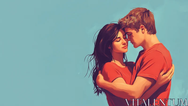 Young couple in red embracing against turquoise sky backdrop