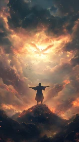 Epic digital painting of ascendant figure under celestial blaze.