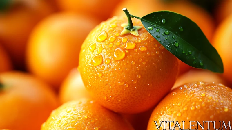 Macro citrus close-up with dew-covered peel and leaf.