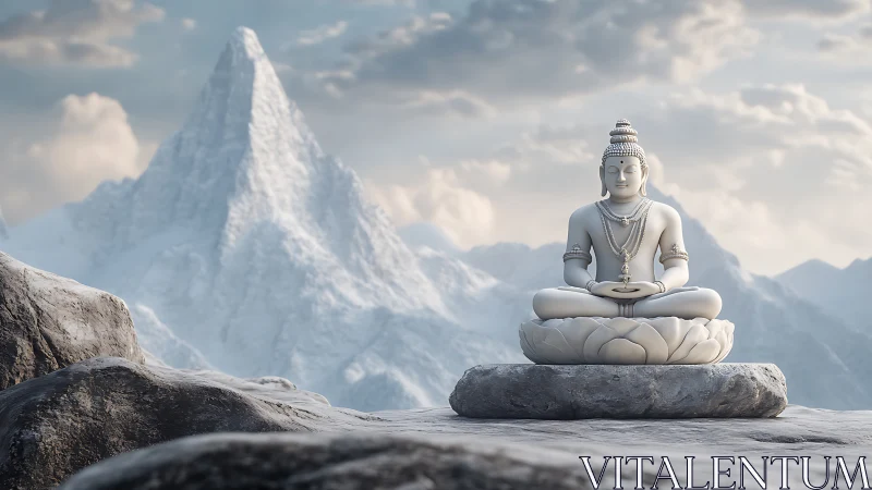 Serene Buddha sculpture crowns silent snowbound summit plateau.