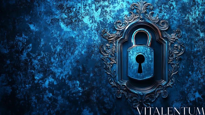 Blue padlock in ornate metallic frame on grunge wall.