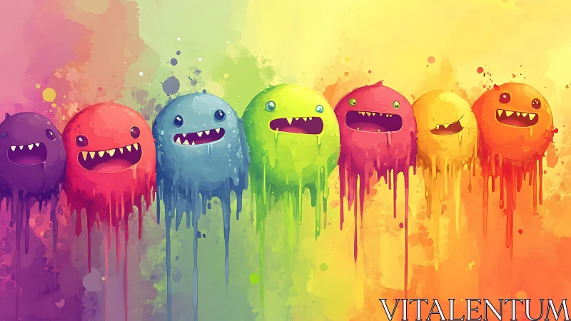 Dripping rainbow monsters explode across bright gradient wall.