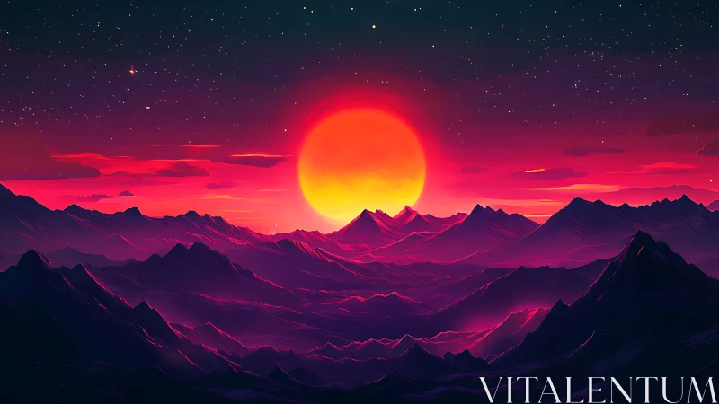 Radiant neon sunset glowing over dreamy violet mountains.