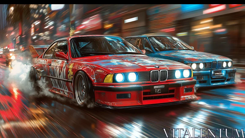 Twin drift cars race through neon city streets at night