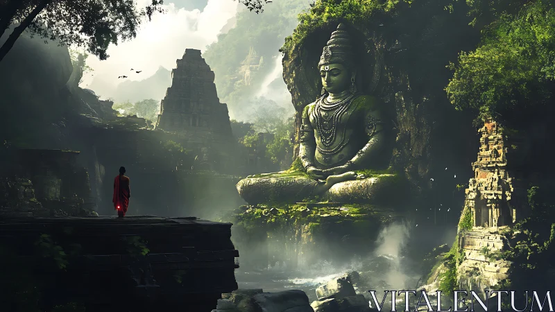 Jungle colossus in emerald mist greeting a lone pilgrim.