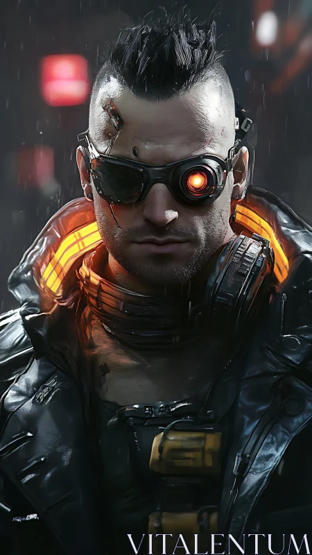 Cyberpunk cyborg mercenary with glowing optic implant