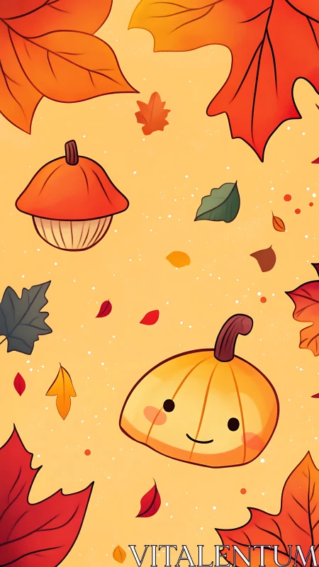 Cheerful pumpkin pals drifting through cozy autumn leaves.