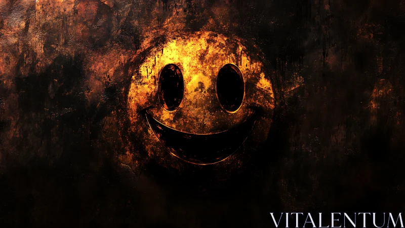 Smoldering grunge smiley glows through darkness and decay.
