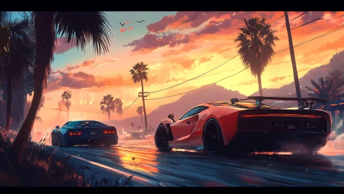 Two sports cars move along wet palm-lined road at sunset
