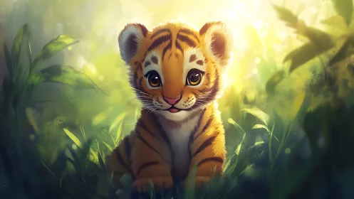 Young tiger cub illustration in sunlit forest clearing.
