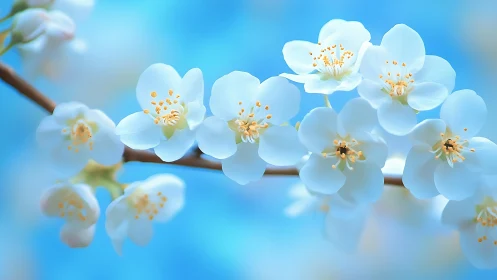 Delicate white blossoms with golden anthers against luminous blue sky.