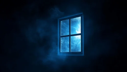 Glowing blue window floats in dark cosmic mist.
