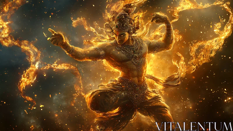 Divine fire warrior in dynamic celestial inferno stance.