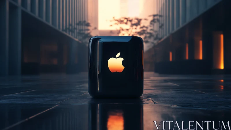 Glossy cubic device with glowing apple logo in city plaza