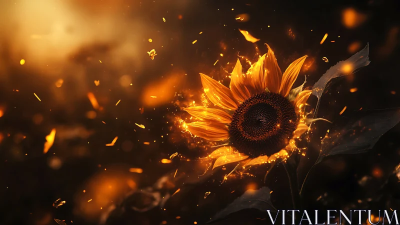 Luminous sunflower erupting in sparks against dark void.