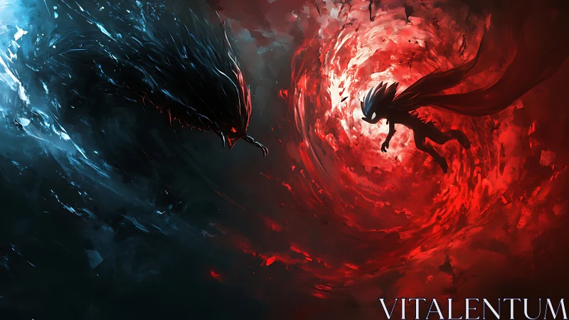 Elemental duel in swirling red vortex and icy darkness.