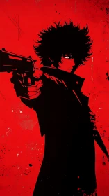 High-contrast noir gunslinger silhouette on distressed red field