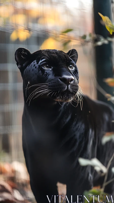 Black panther gazes intensely through bokeh-softened foliage backdrop.