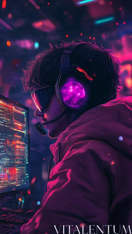 Neon-lit cybernetic gamer at code-dense workstation interface.