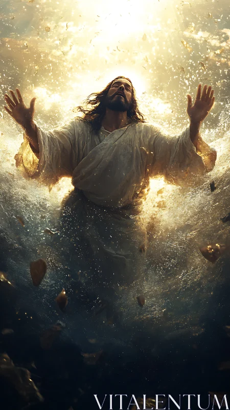 Robed figure rising through swirling illuminated water.