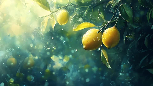 Lemon tree branch with fruit and moisture in diffuse light.