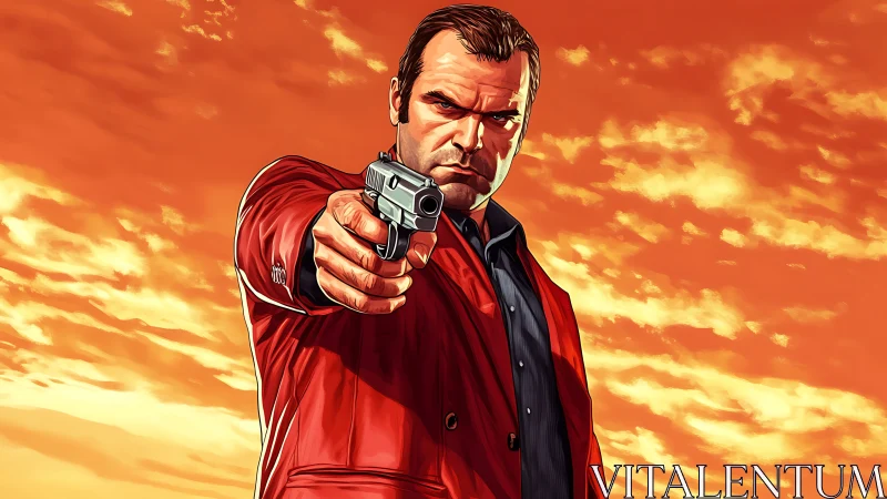 Stormy antihero under a blazing orange game-sky.