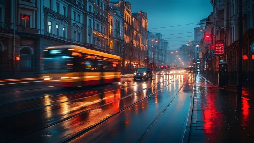 Neon rainway rush on a blue hour electric boulevard.