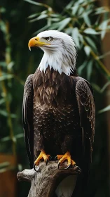 Photorealistic bald eagle portrait on gnarled perch, vertical