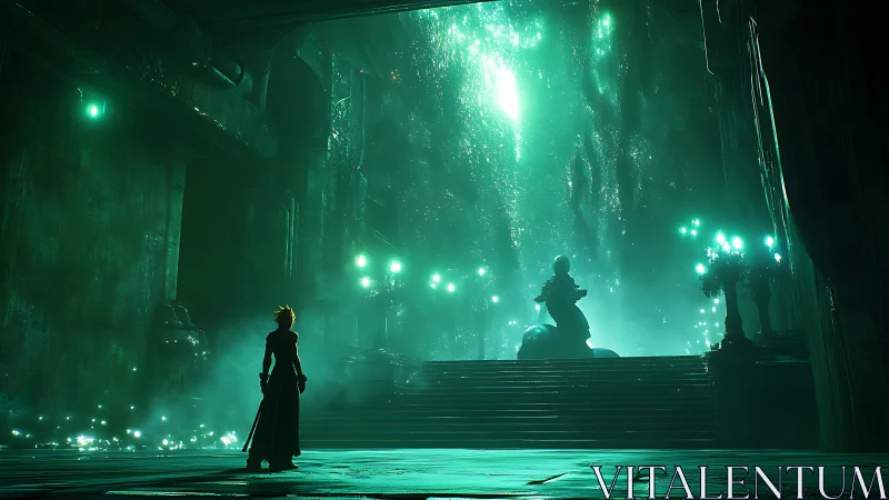 Emerald-lit warrior silhouette in cavernous cathedral chamber.