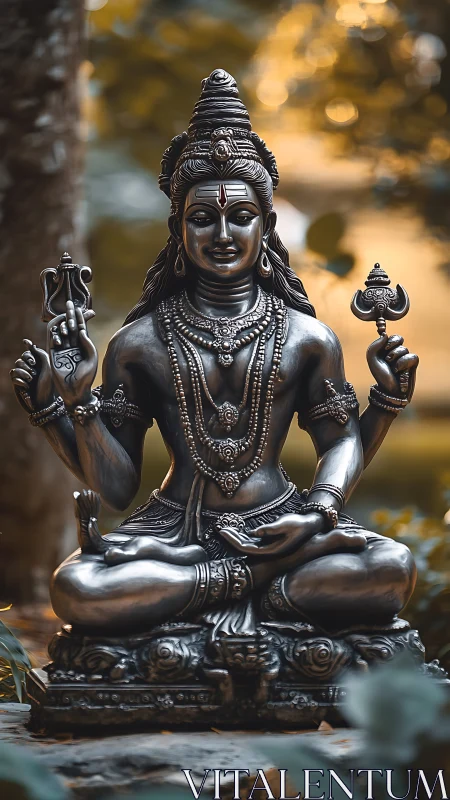 Shiva statue sits cross-legged outdoors with intricate ornaments