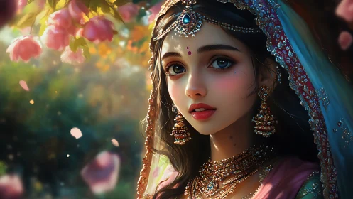 Dreamlit garden bride with jeweled gaze and soft petals.