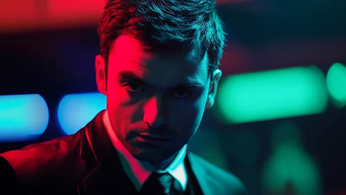 Moody male portrait under dual color gel lighting in shallow focus