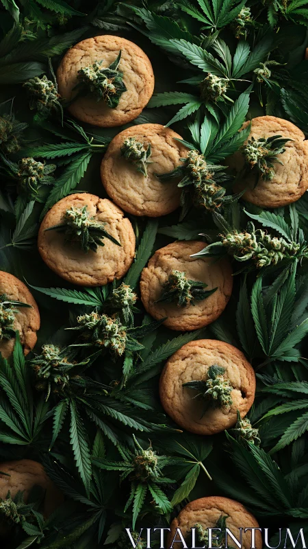 Cannabis cookies rest on dense bed of fresh marijuana leaves
