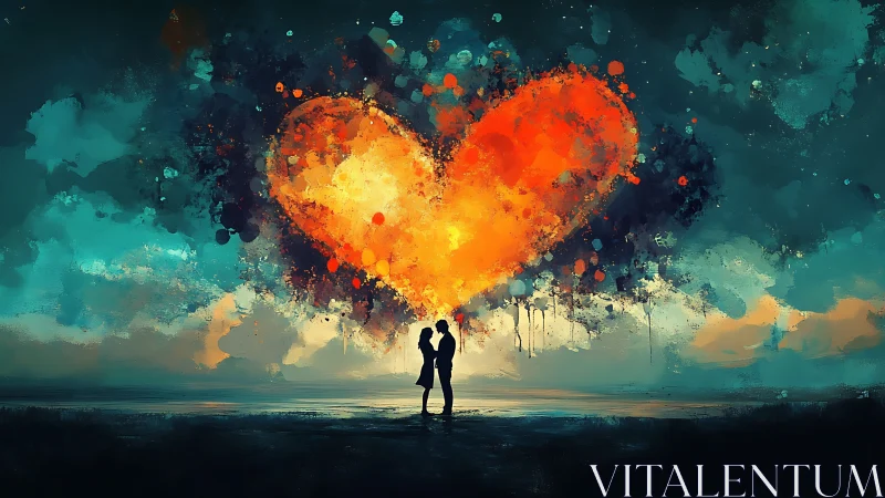 Silhouetted figures beneath incandescent heart form with chromatic dispersal