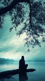 Quiet lake reflection with a solitary figure at dusk.
