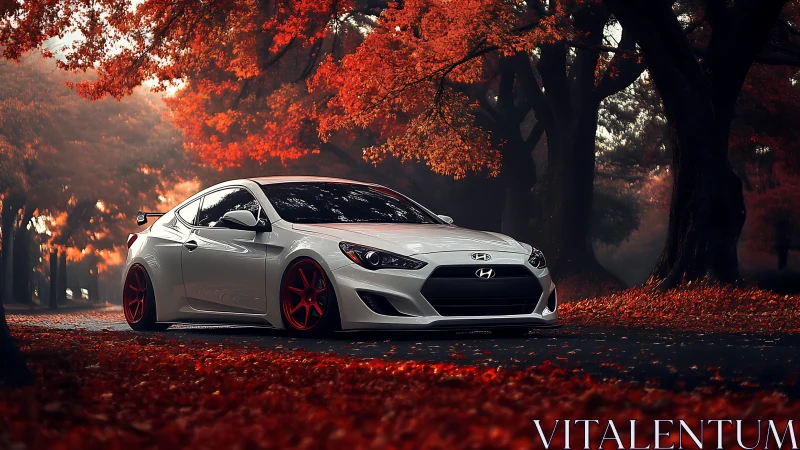 Crimson leaves crown a white sports coupe in autumn hush