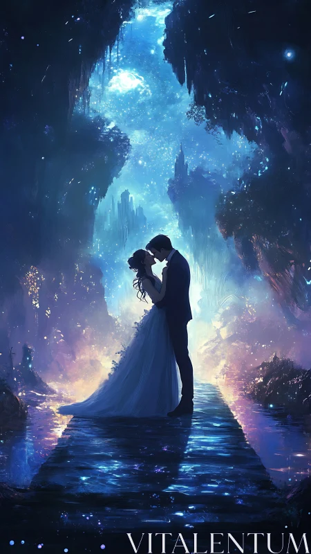 Ethereal couple embraced beneath cosmic crystalline cavern
