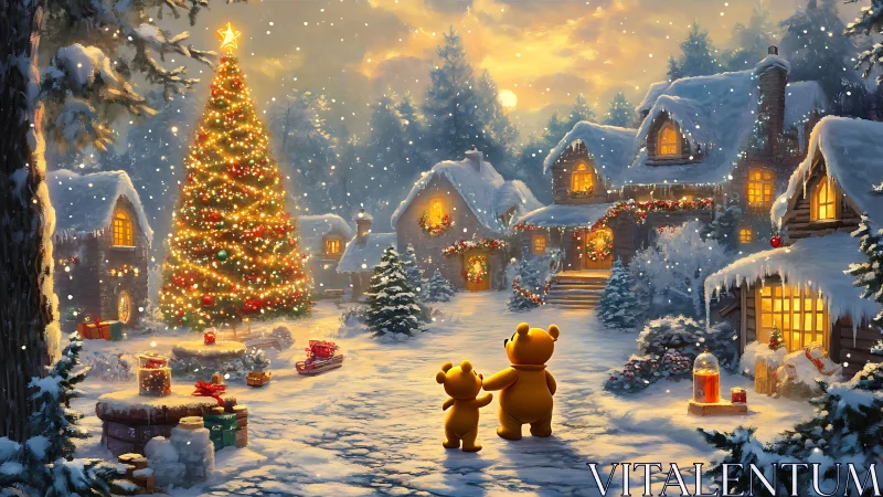 Snowy Christmas village with bears beneath illuminated tree